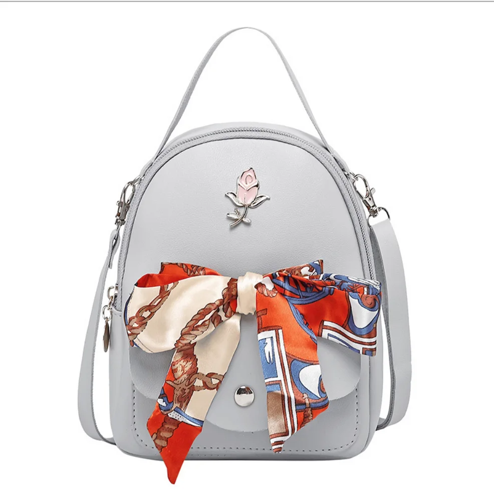 

2021 fashion design zipper phone shoulder bag bow sweet scarf women backpack purse pu leather girl backpack, Customized color