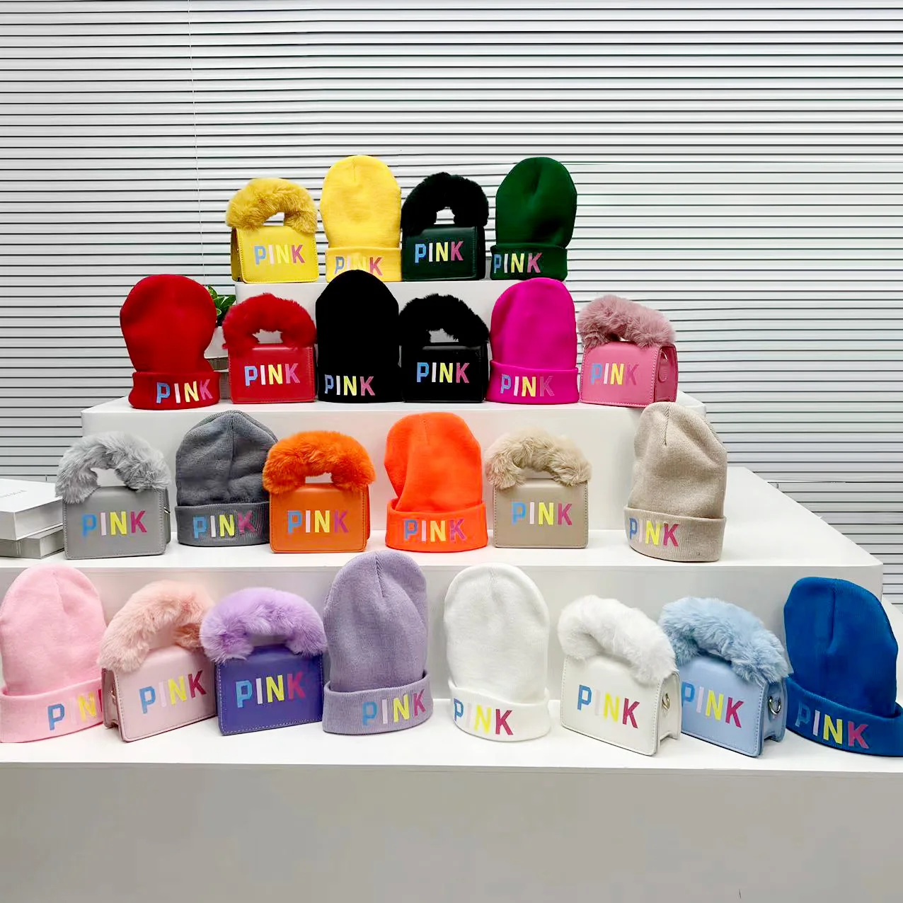 

New Trendy Custom Mini Pink Logo Purse Removable Fur Handle Handbags Winter Hat And Purse Set Custom Printed Purse Vendors, White, yellow, red, purple, khaki, green, blue, black