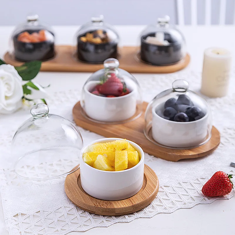 

Factory direct sales dessert, cake, ice cream,snack serving plate, ceramic dish with bamboo tray