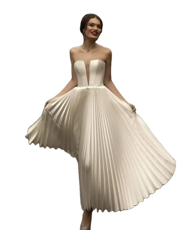 

Short Wedding Dresses Vintage Satin Ankle Ledgth Wedding Dress Turkey Sexy Strapless Wedding Dress, White