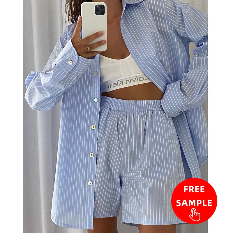 

2021 fall winter 2-piece casual home wear set stripe long sleeve shirt and loose high waist Mini Shorts 2 piece Set