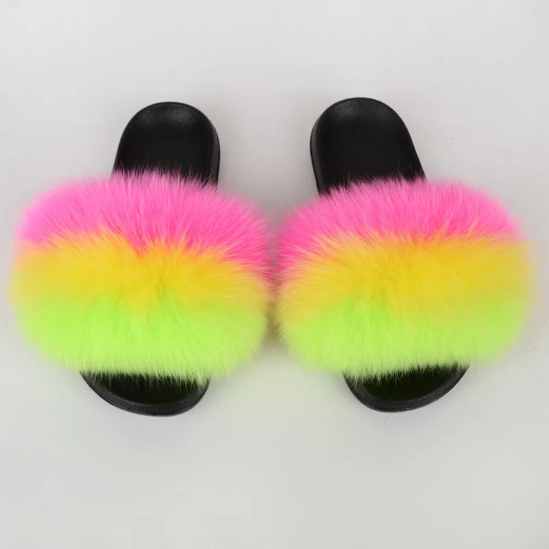 

Sweet Cute Princess Style Pink PVC Sole Real Fluffy Fox Fur Slides Slippers for Teens Girls