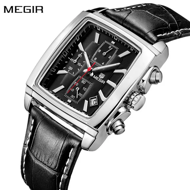 

Megir 2028 Casual Leather Band Analog Quartz Calendar Chronograph Square Drop Shipping Watches Waterproof Male Timepiece, 2 colors to choose