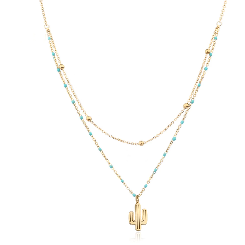 

Trendy Summer Jewelry Cactus Pendants Necklace For Women Double Layer Stainless Steel Chain Rosary Beads Necklace