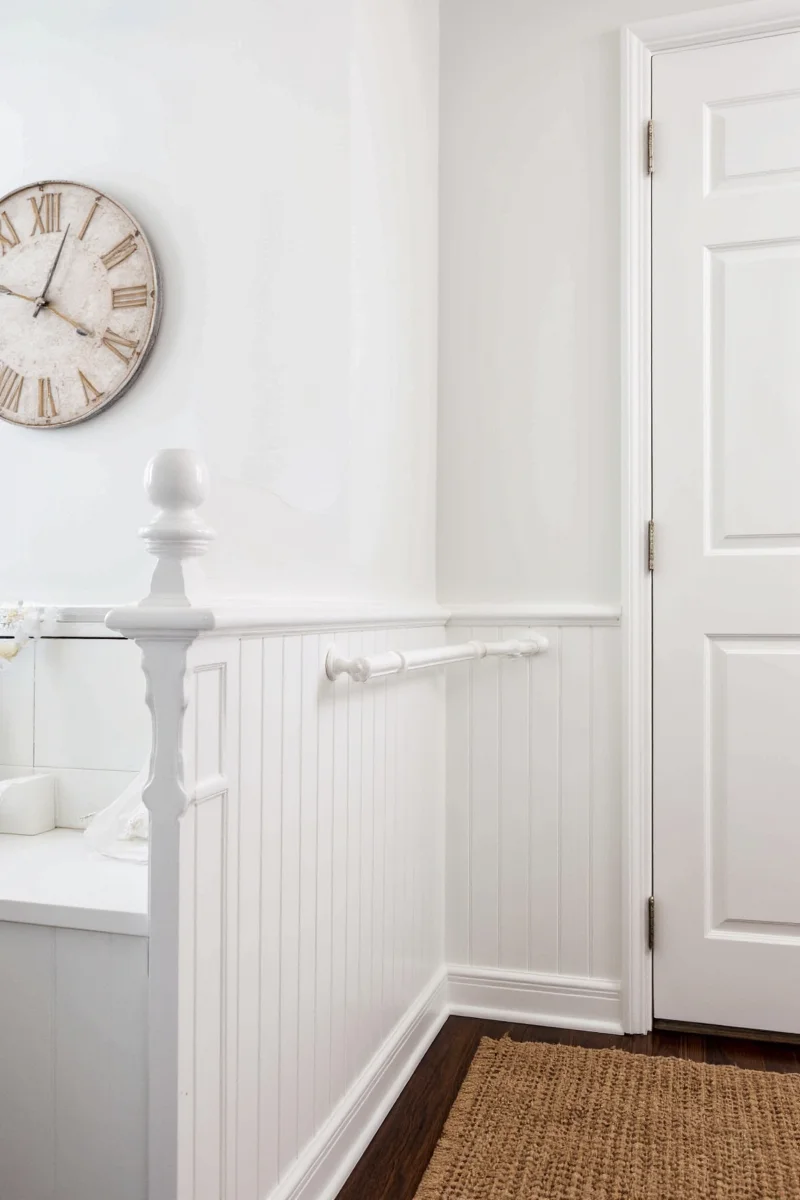 Living room with white beadboard wainscoting