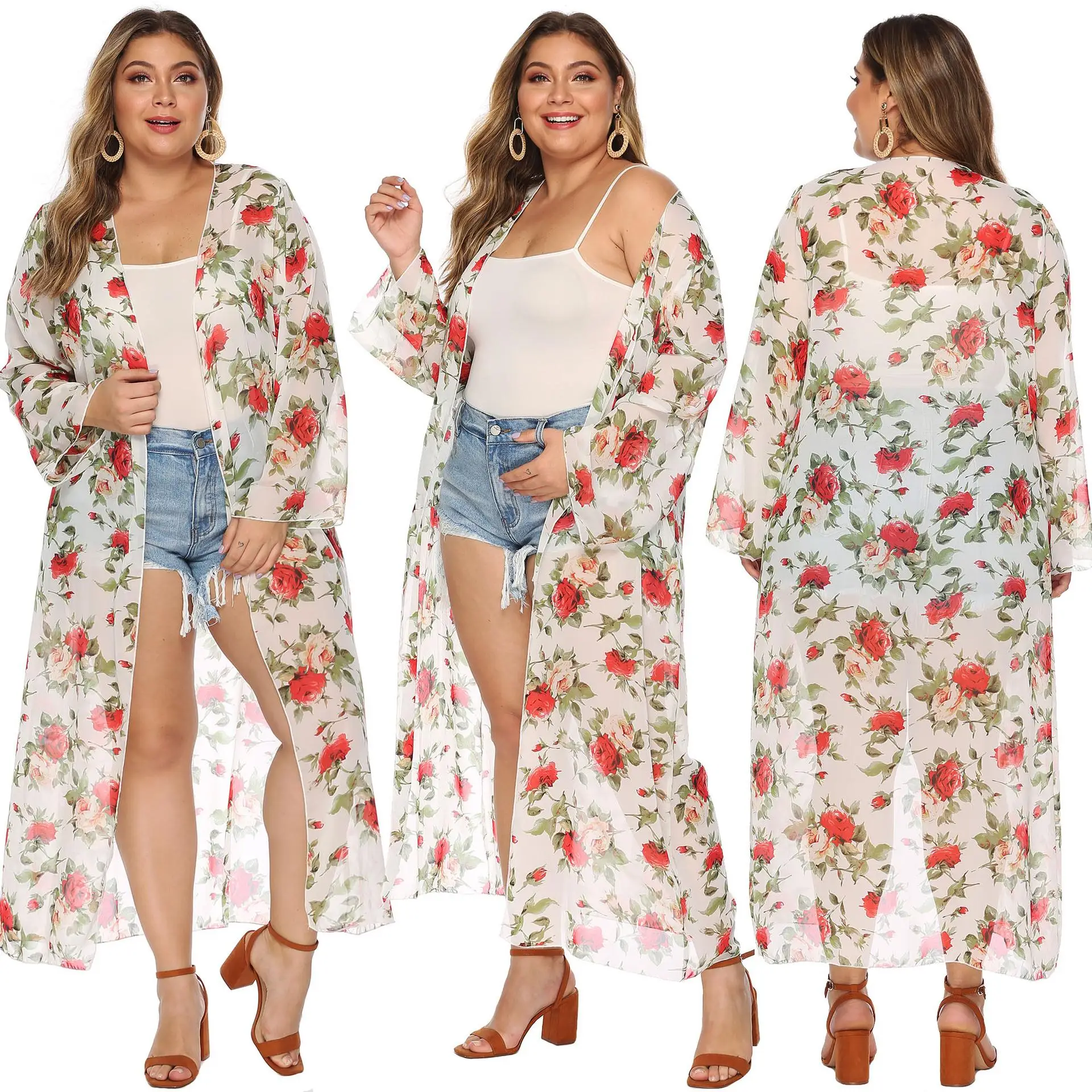 

Large size women's rose flower printed chiffon sunscreen blouse loose long cardigan versatile jacket, Picture color