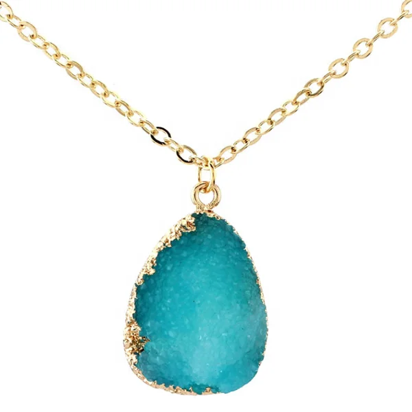 

Gold Plated Long Chain Original Unpolished Stone Sliced Agate Pendant Necklace Geode Agate Druzy Necklace