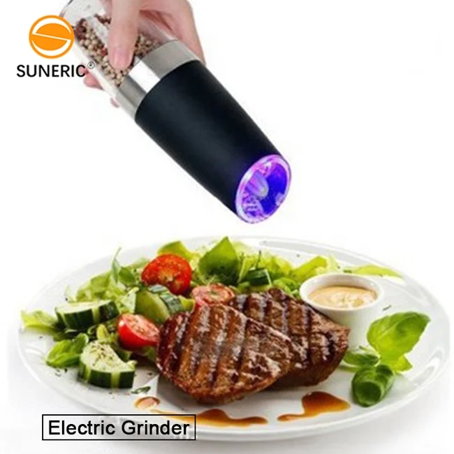 

Portable mini LED gravity automatic grinder adjustable battery powered electric salt and pepper mill, Silver /black