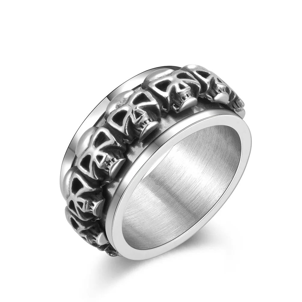 

Wholesale Goth Men Rings 316L Stainless Steel Jewelry Vintage Wedding Bands Turning Skeleton Heads Men's Spinner Ring