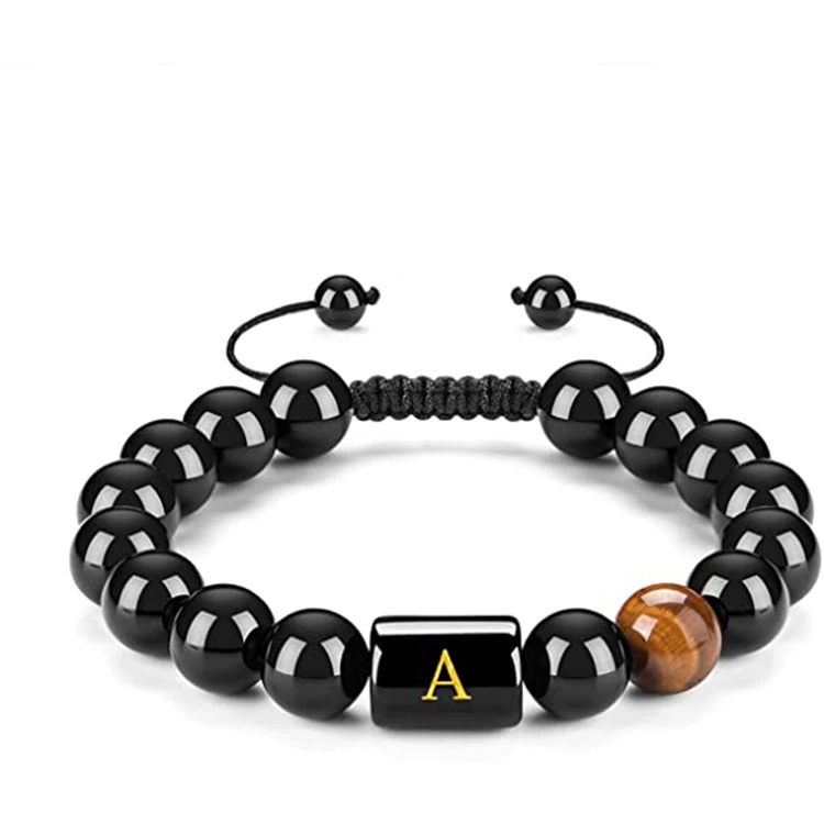 

Pure Handmade Initial Bracelet 10mm Natural Black Onyx Tiger Eye Stone Beads Braided Rope Bracelet 26 Letter Bracelets for Men, Picture shows