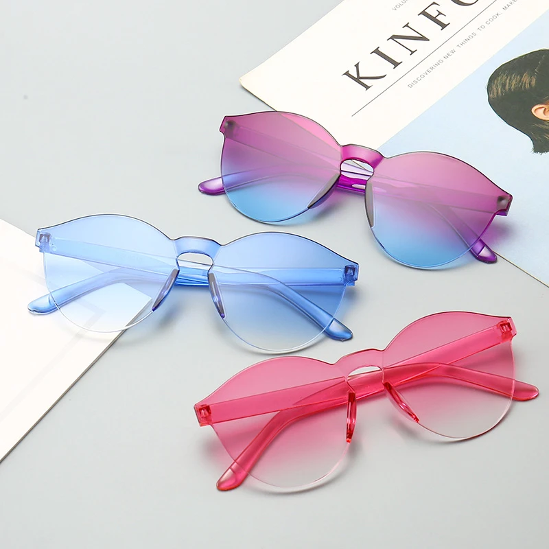 

Promotional Wholesale Fashion Women Round Rimless PC Clear Frame Gradient UV 400 Lens Sunglasses, Colorful or customizable