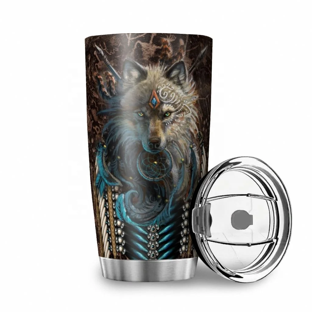 

2021 New Customizable Personalized Unique Design Wolf Dream Catcher Native American Car Cup Wholesale Hight Quality Sublimation