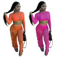 

FM-F027 New arrival 2020 see-through top sexy mesh two piece set for women clothing