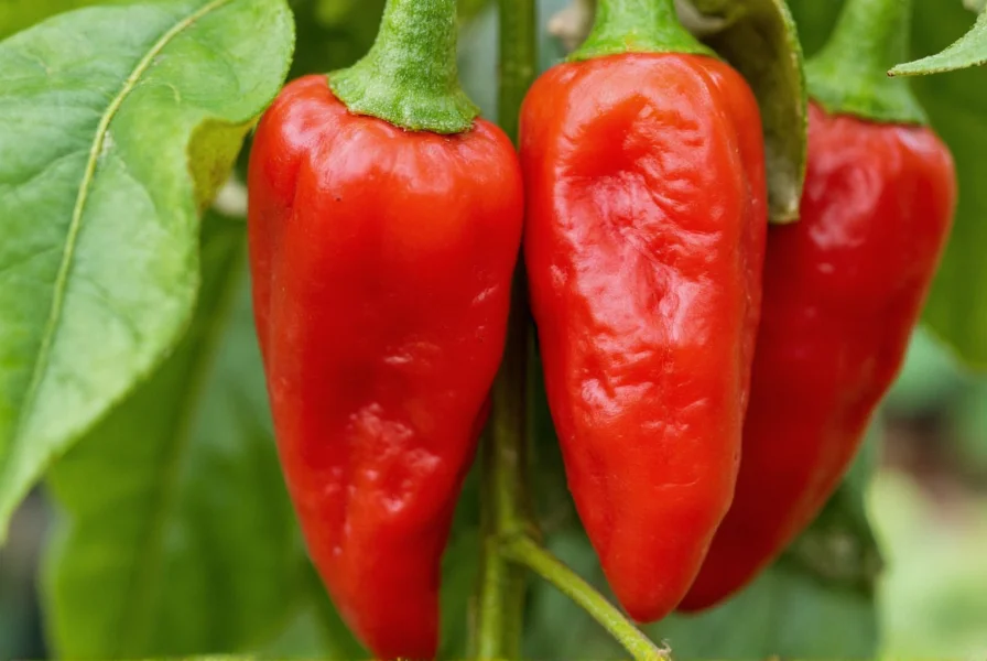 Close-up photograph of Pepper X chili peppers showing their distinctive crumpled red appearance on plant