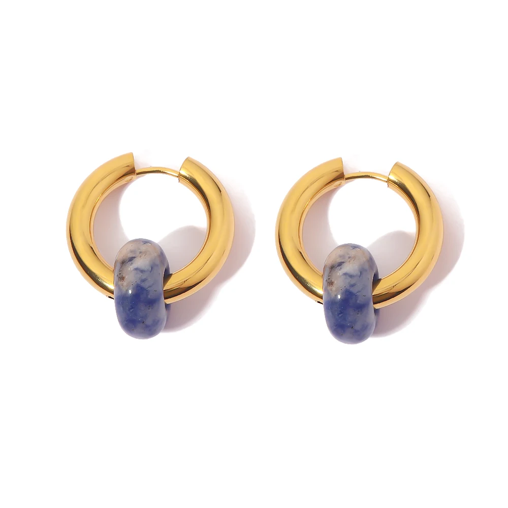 

New Youthway Instagram Lapis Stone Earrings 18k Gold Plated Stainless Steel Hoop Earring For Women