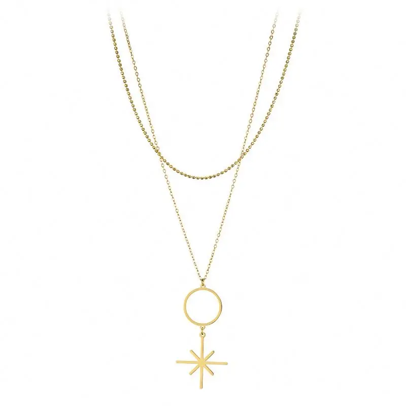 

Long Fashion Circle Necklace 14K Gold Plated Octagon Star Double Necklace