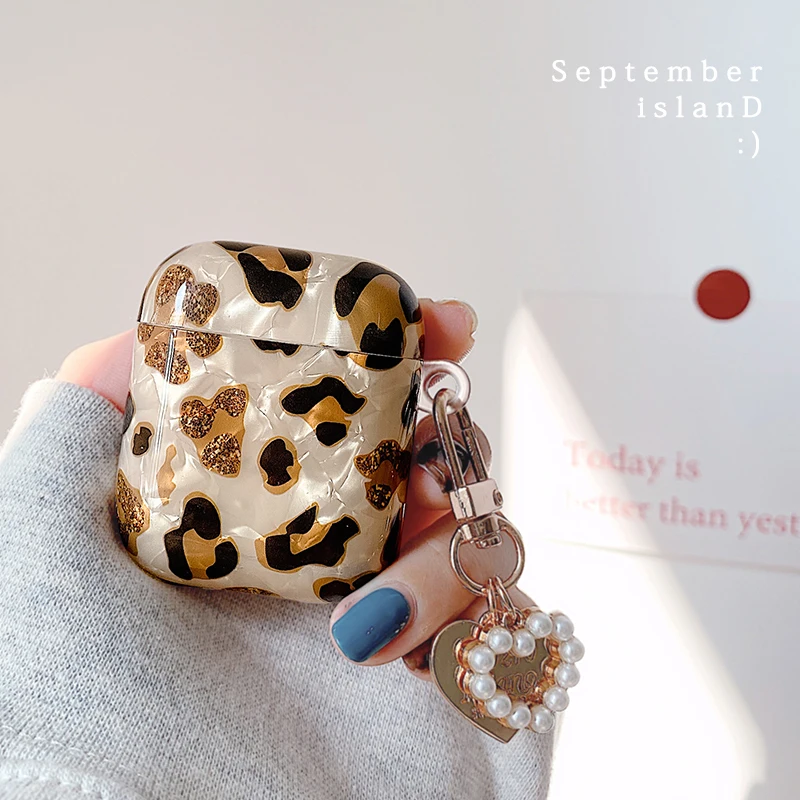 

3D Love Pearl Shell Keychain Shell Leopard soft Wireless Headset BT case for Apple AirPods 1 2 cover for airpods pro Box