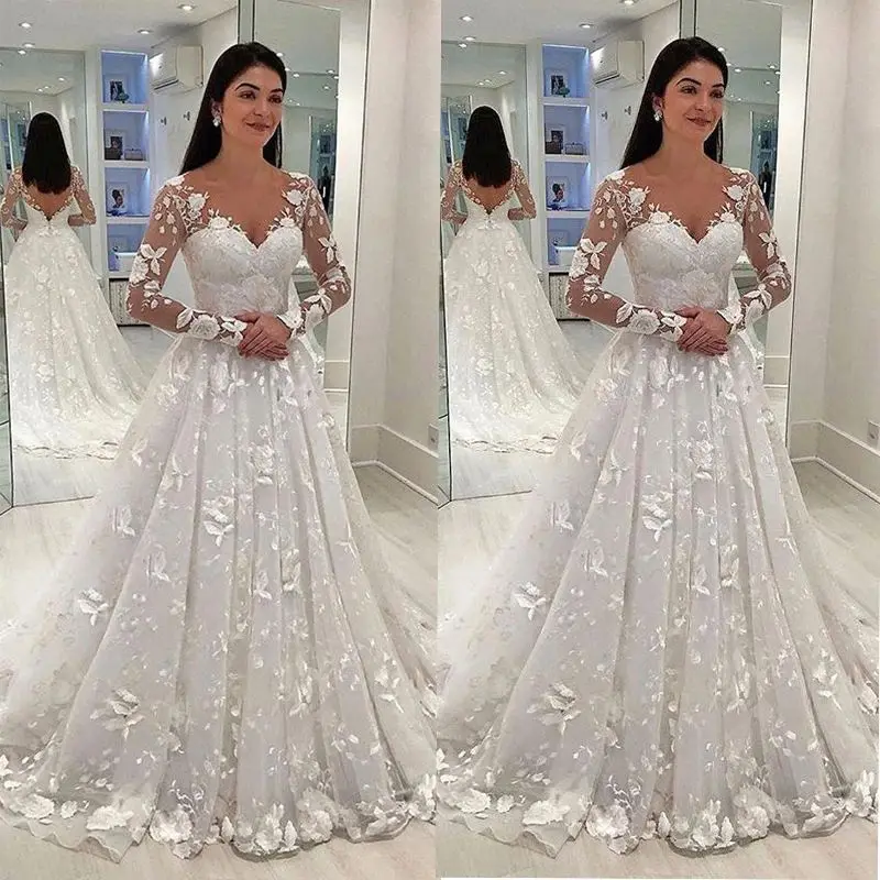 

vestidos de novia 2021 Pretty Full Sleeve Side Split Deep V-Neck Zipper Mermaid Bride Gowns Robe Sexy Lace Wedding Dresses