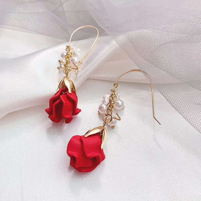 

red rose petal earring metal flower earrings