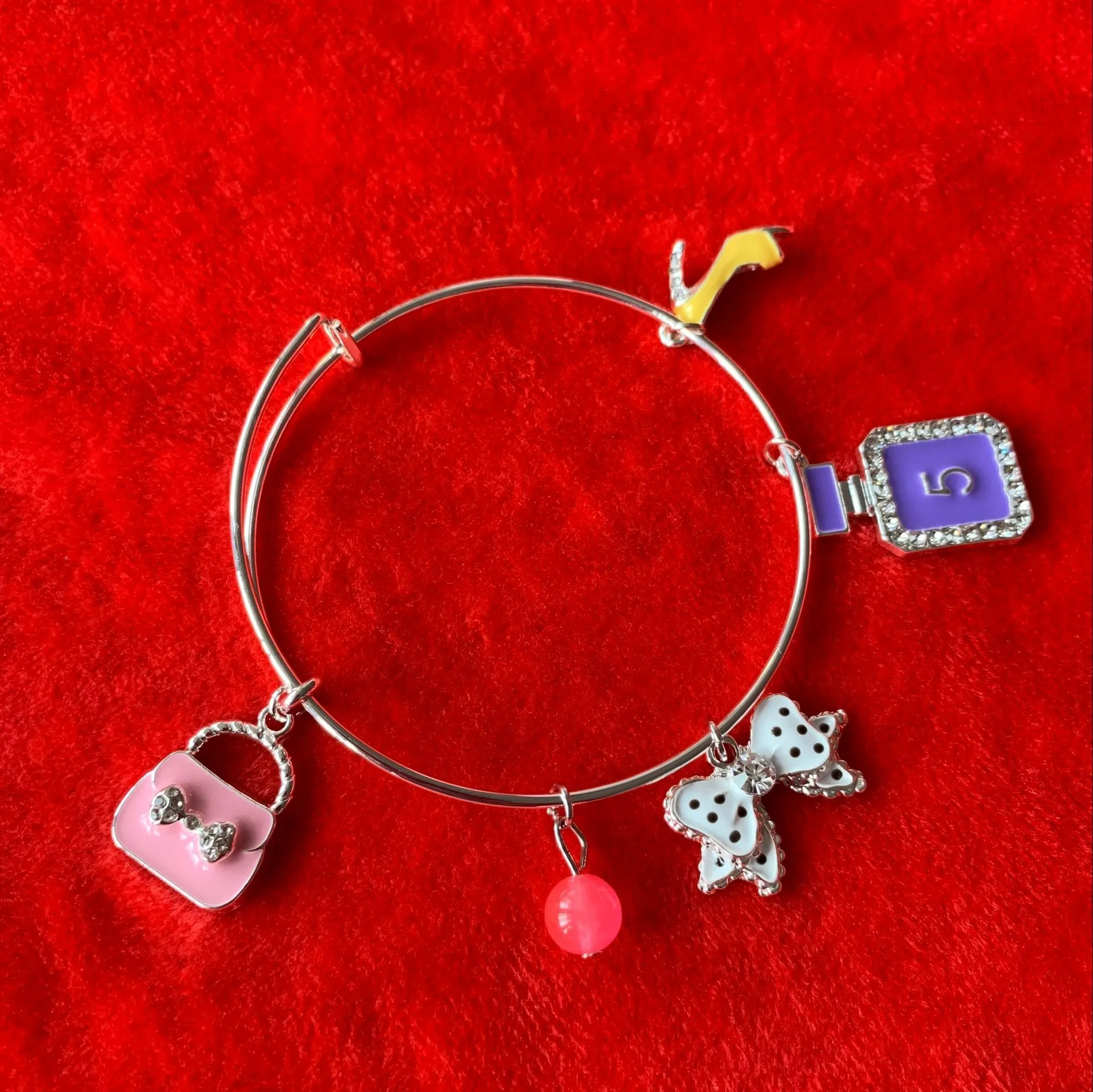 

silver color bag bow highheel girly charms bracelets expandable bangles fashion charm bangles stocks