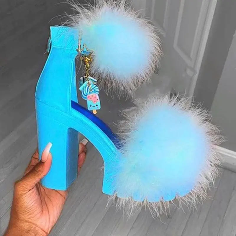 

BUSY GIRL JG1005 Women heel sandals colors fur high heel sandals pink womens fur sandals heels, Red/purple/pink/blue