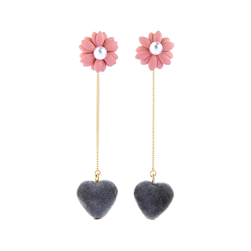 

de980145 Creative Shining Elegant Pearl Pink Flower Long Chain Dangle Grey Velvet Heart Trending Earrings For Women 2020, Gold