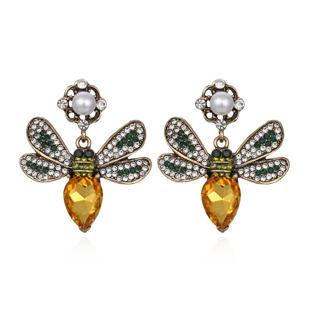 

Retro Exaggerated Glass Colored Diamond Bee Insect Inlaid Pearl Earrings Fashion Earrings Women 2021, Like picture