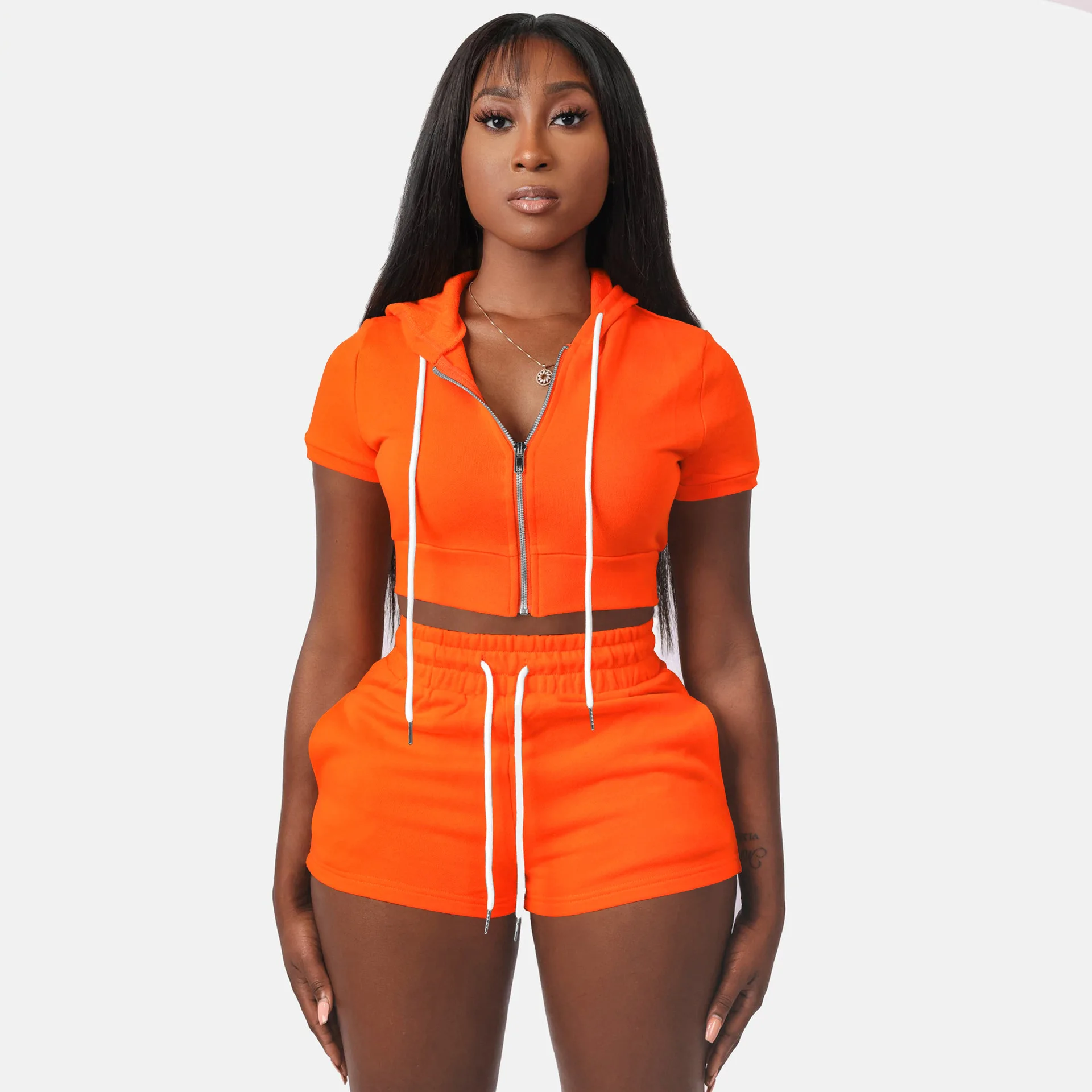 

HR8210 New Arrivals Women Matching Summer Sets Zipper Hoodie Crop Top Lady 2 Two Piece Sexy Club Outfits Shorts Set