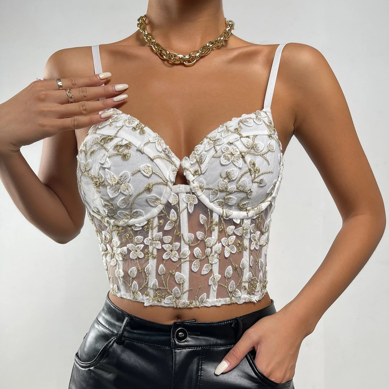 

Shein Women Sexy Mesh Hollow Out Lace Camisole Broken Floral Embroidery Crop Top, White