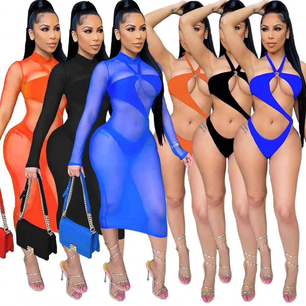 

2021 New See Through Summer 2 Piece Skirt Set Women Mesh Dress Sexy One Piece Bikinis Set Beachwear Cover Up Women's Skirts Set