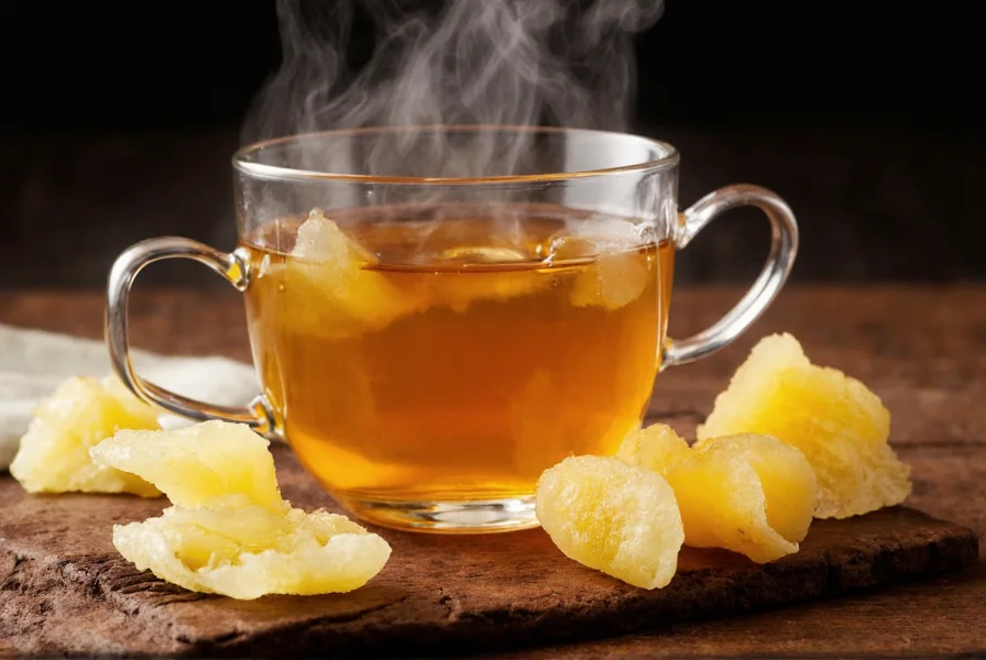 Crystal ginger pieces arranged around a teacup with steam rising, showing culinary application for digestive wellness