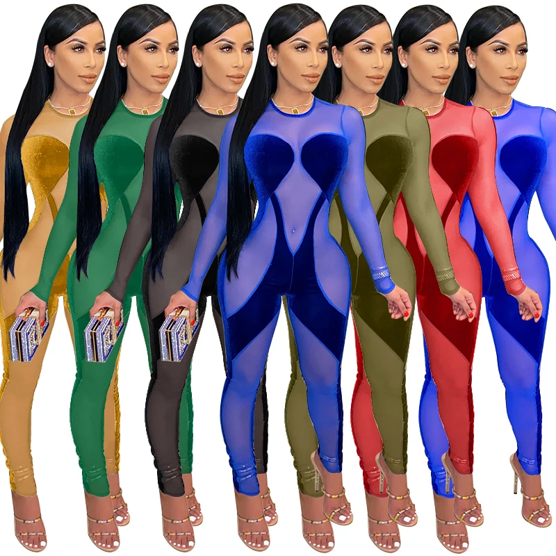 

Peeqi Hot sell velvet sexy jumpsuit see through full sleeve bodysuit club wear casual neon one piece jumpsuits rompers women