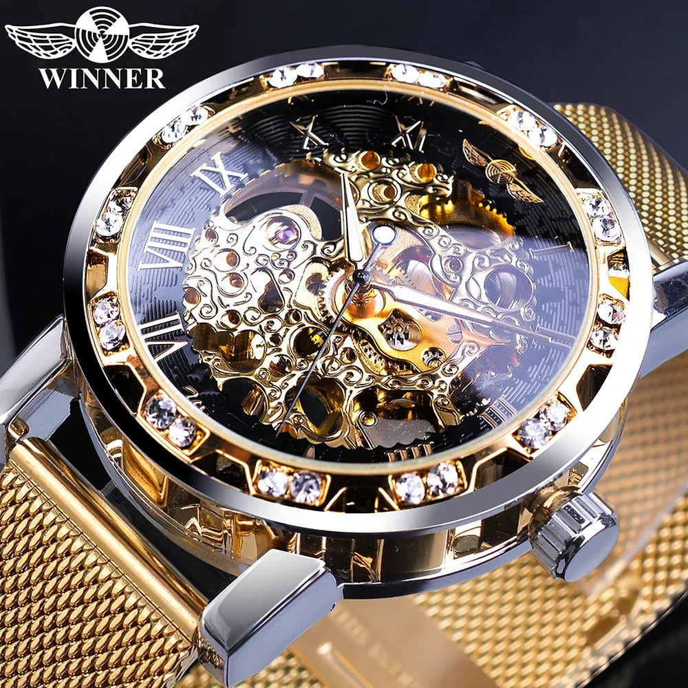 Winner Golden Watches Men Mechanical Watch Crystal Mesh Slim Stainless Steel Band Top Brand Luxury Hand Wind Wristwatch