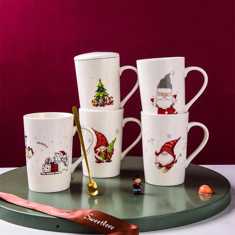 

Christmas Pattern Ceramic Coffee Mugs Restaurant Milk Mugs With Lid Bright White Water Mugs Coffee Tea Cocoa Cereal