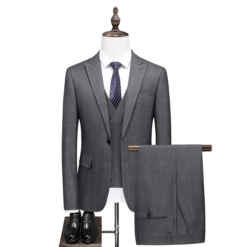 

High Quality Plus Size Business 3 Piece Pants Suits Gray Groom Suit Wedding Casual Long Tailcoat Tuxedo Suits