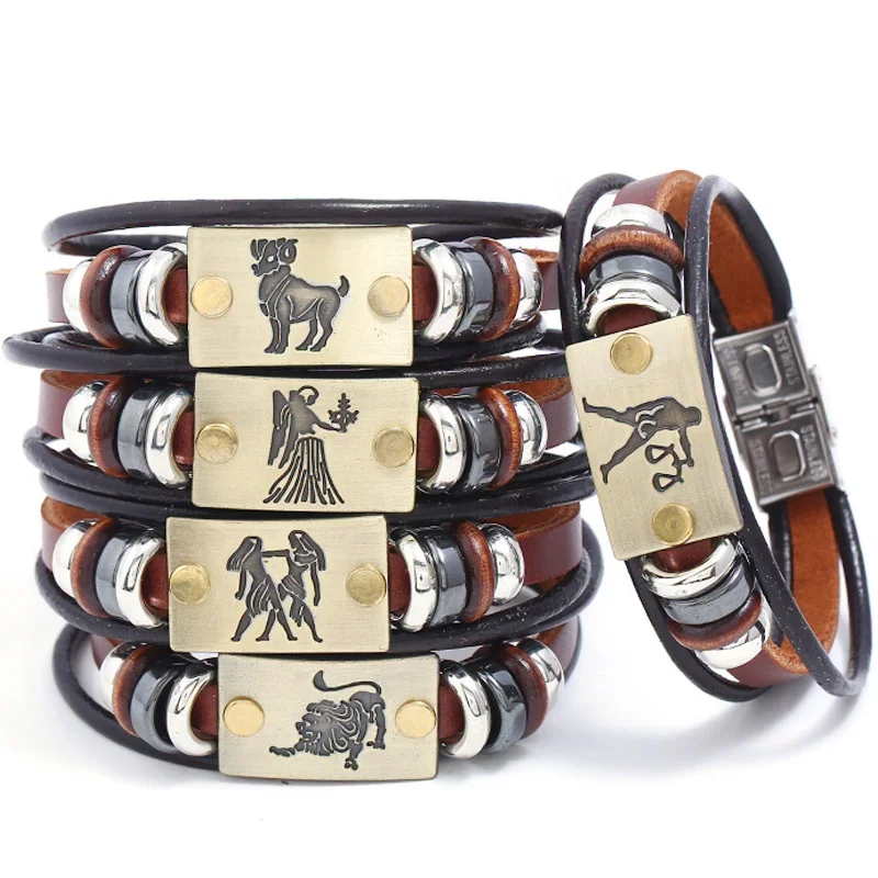 

New contracted small gifts stainless steel lovers leather bracelet 12 zodiac jewelry, One color