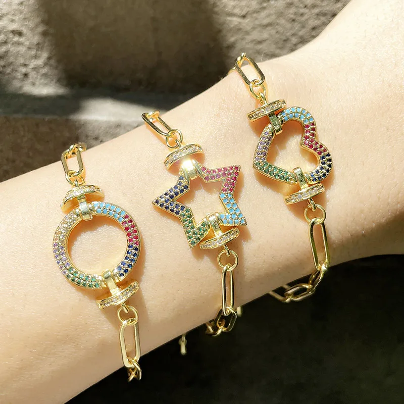

Woman Jewerlry Micro Pave CZ Carabiner Clasp Bracelet Chunky Gold Chain Rainbow Oval Star Heart Carabiner Bracelet