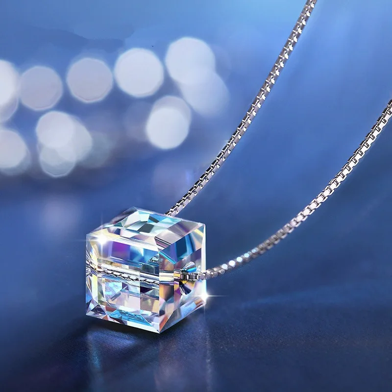 

Newest Cristal 925 Silver Chain Non Allergic Aurora Cube Austrian Crystal Pendant Women'S Wedding Necklace