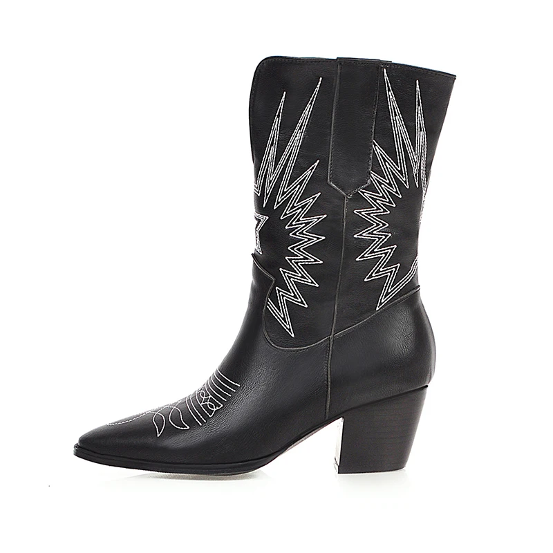 

Western Cowboy Pointed Toe Boots Women Mid-calf Chunky Wedges Boot Fashion Embroidery Leather Woman Ankle Boots, Black white