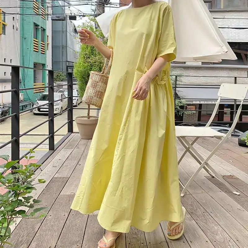 

Wholesale 2021 Spring and Summer Korean Elegant Temperament Plus Size Women's Dress A-line Casual Loose Big Swing Long Dress, Beige,yellow