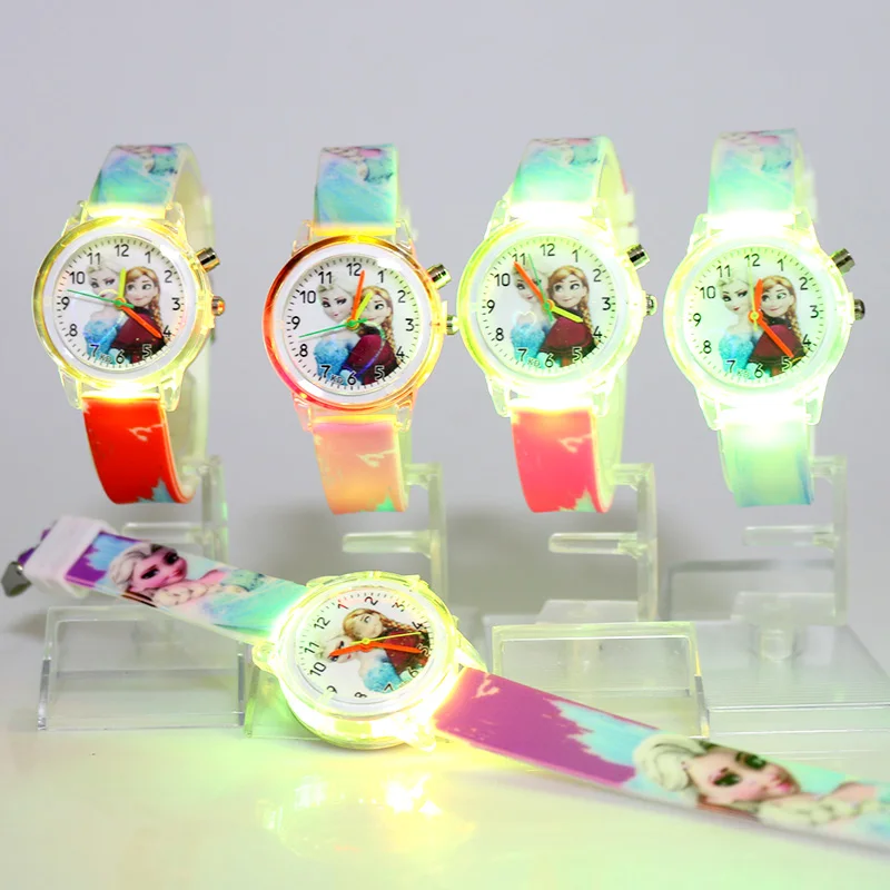 

New Cartoon Elsa Flash Light Kids quartz Watch for Girl Rubber Strap Cute Princess Children Girls Watches with Light reloj