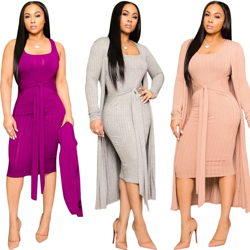 

Plain Ladies 2 Piece Sets Clothing Women Office Crop Top Belt Long Dress With Cloak Outfits Long Sleeve Fall 2 Piece Winter Sets