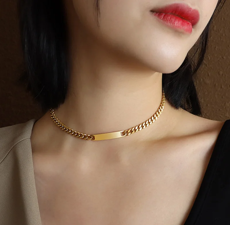 

Popular hip hop chunky gold stainless steel cuban link chain blank bar necklace