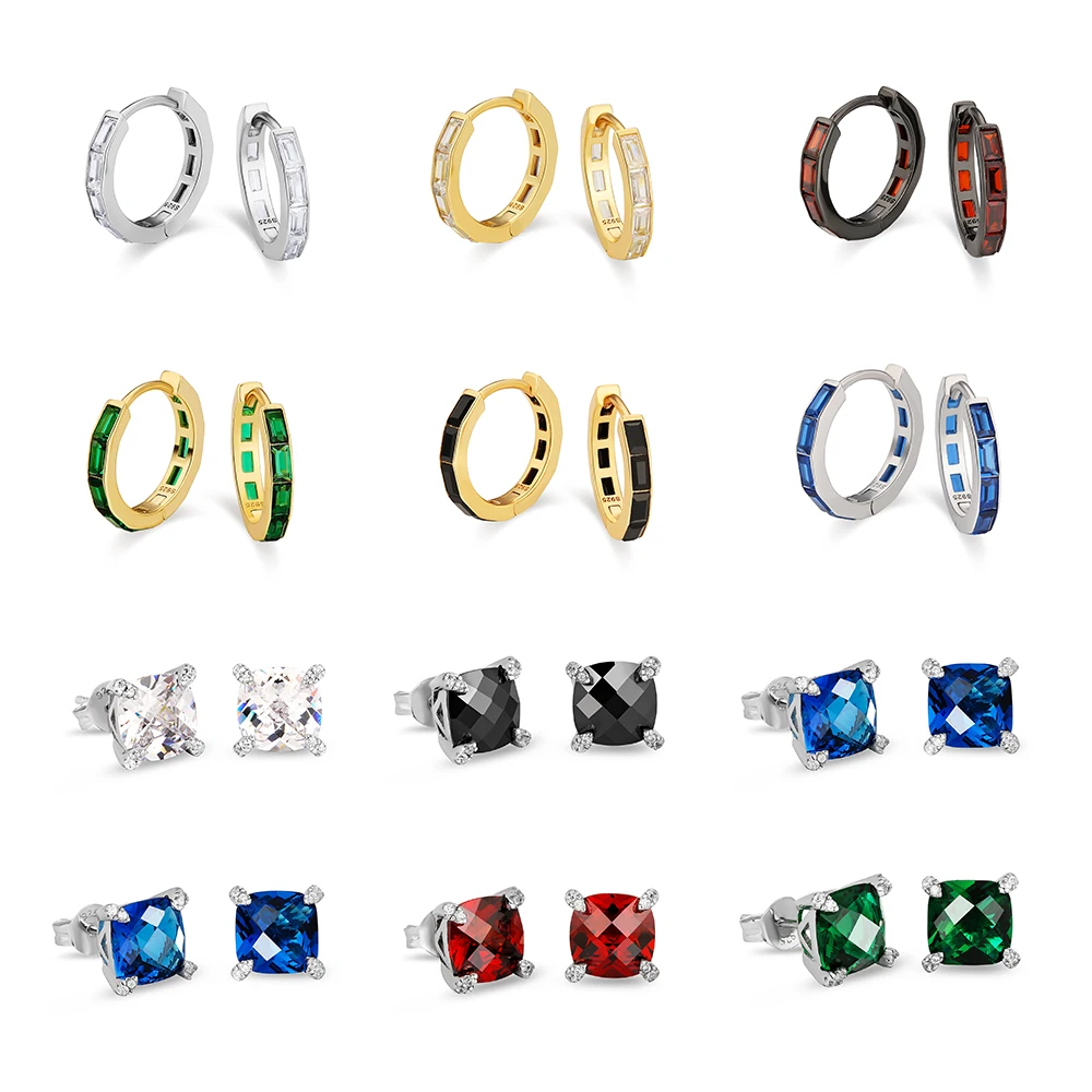 

KRKC 2021 New Gold Plating Colorful Zircon Diamond Stud Earrings Set Sterling Silver Men Women Gemstone Birthstone Hoop Earrings, Silver /gold plated
