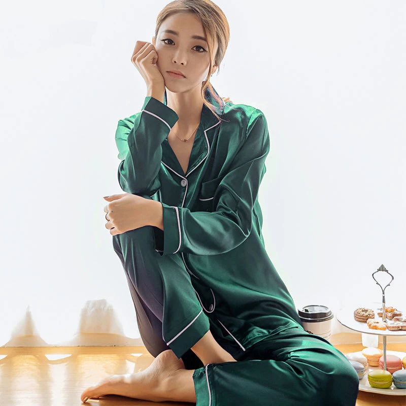 

2 PCS Summer Women Sleepwear Solid Full Sleeve Shirts Long Pants Faux Silk Satin Pajamas Sets Homewear Female Payjama Suits, White green red pink blue champagne