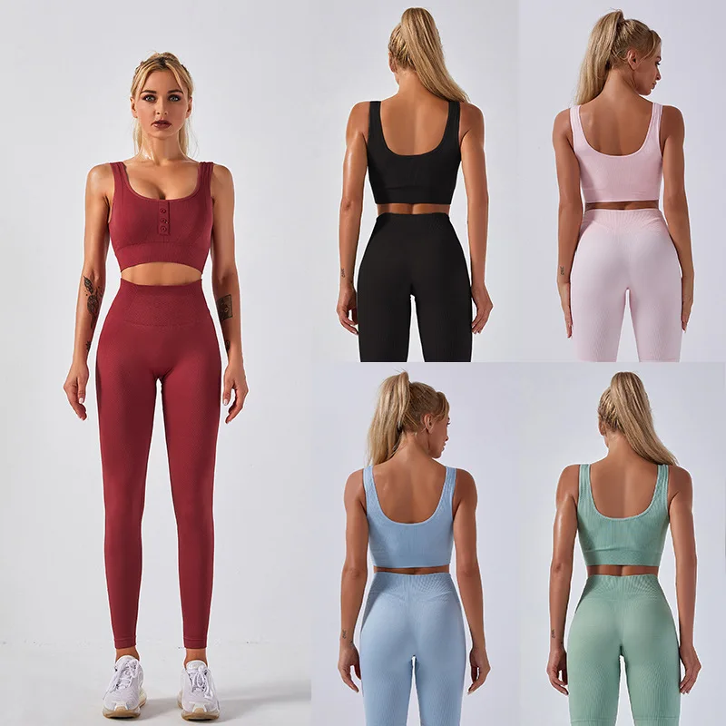 

2021 New fashion women's seamless breathable sports fitness buttons sexy bra+tight pants explosions