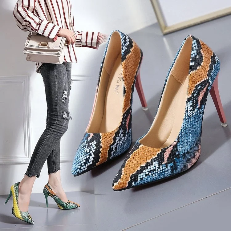 

2021 Best Selling High Heel Women stiletto Point Toe Snake Skin Yellow Blue Dress Shoes Slip-On Ladies Party Big Size Pumps, Pink\ green