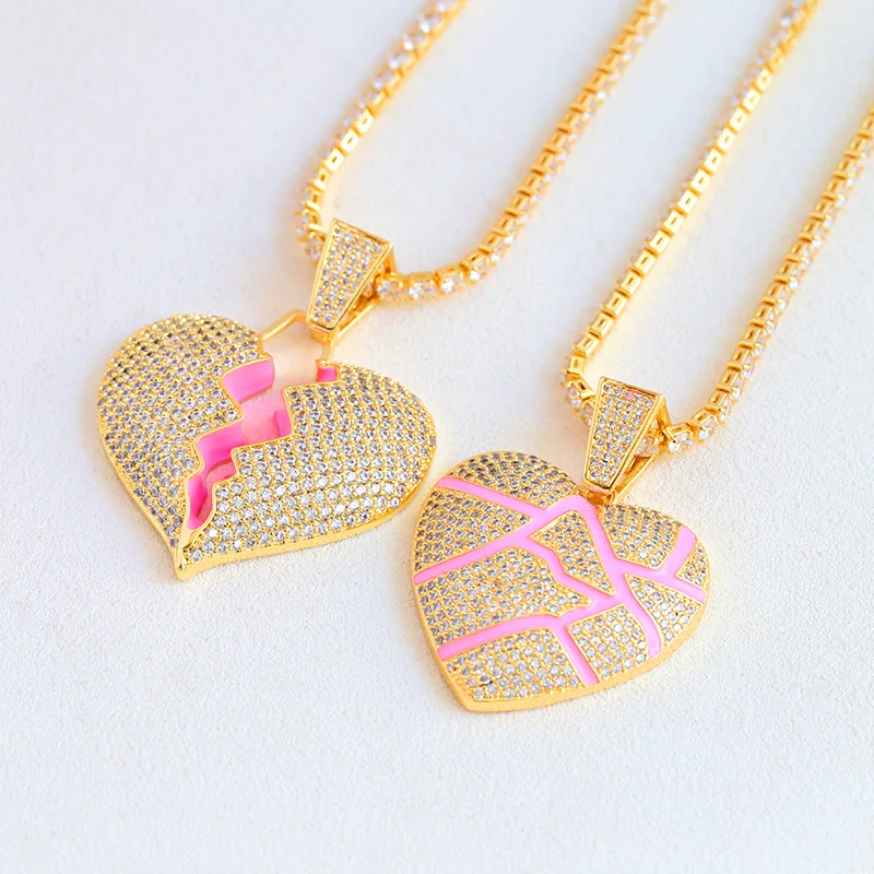 

Pink Brass Broken Heart Pendant Necklace Iced Heart Jewelry Necklace, As the picture shown