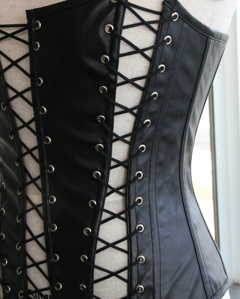 

Hot selling Black Leather Corset Lace up Fastening Hollow Out Sexy Bustier Corset Women Waist Cincher Slim Leather Corsets
