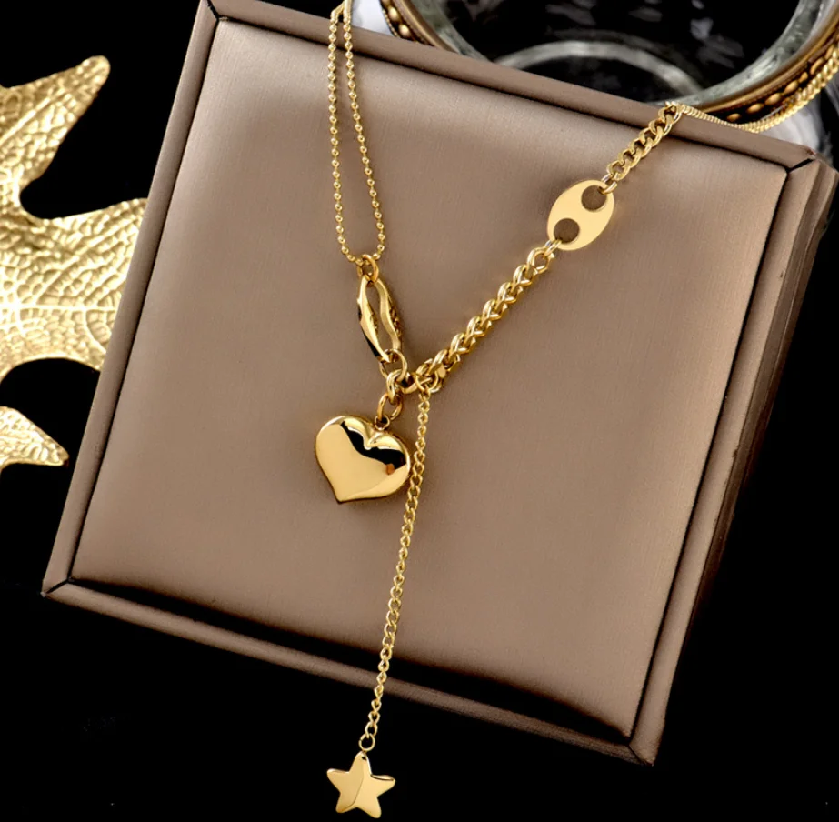 

QIFEI Exquisite Stainless Steel Jewelry Necklace Hip Hop Star Tassel Three-dimensional Love Necklace Pendant